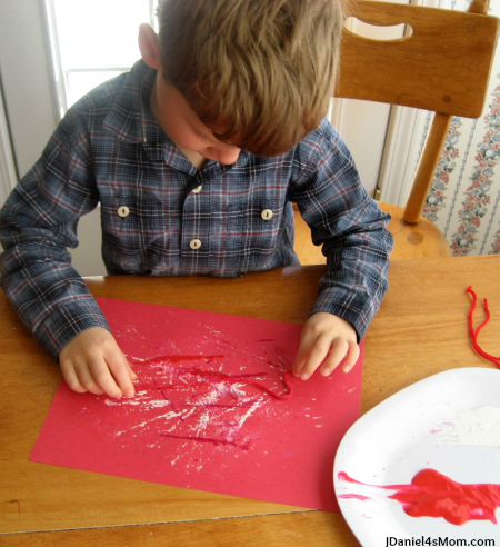 Five Little Valentines Song and Craft- Painting with String on Paper