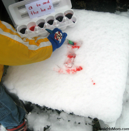 Snow Day Fun for Kids - Painting Sight Words in the Snow - Writing the Letter I