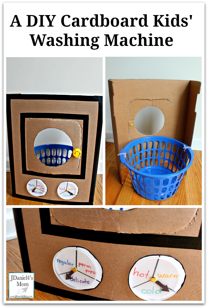 A DIY Cardboard Kids' Washing Machine - It is great for pretend play or a part of a learning activity for kids. It can be folded up and put away easily when your children finish playing with it.