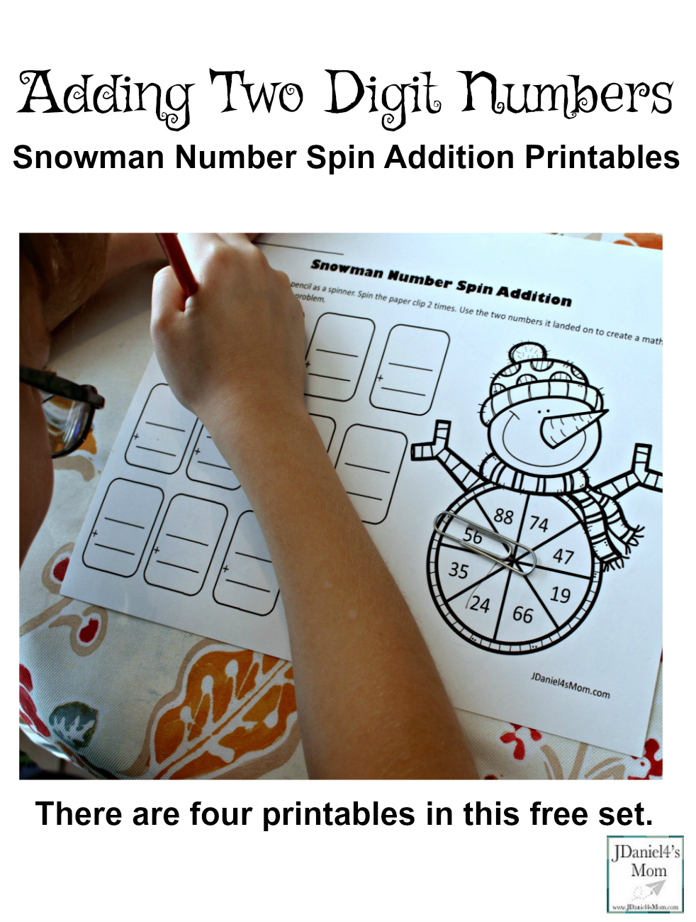 Adding Two Digit Numbers Snowman Number Spin Addition- Children at home and students at school will have fun using a spinner on the printable to create their own number facts. (This is a free printable set.)