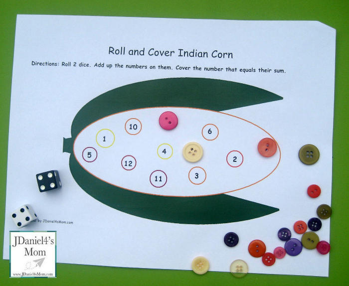 Addition Worksheets- Roll and Cover Indian Corn 