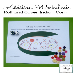 Addition Worksheets- Roll and Cover Indian Corn(Featured)