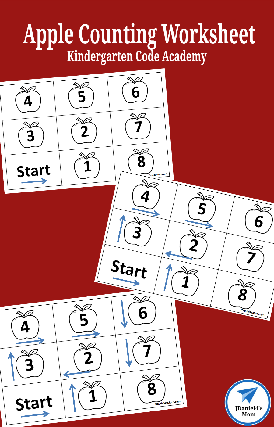 Your children will have fun learning about algorithms and they sequence tasks or events as the work on this apple counting sheet. This free printable is a part of my kindergarten code academy. #apple #coding #algorithm #freebie #kindergarten #jdaniel4smom
