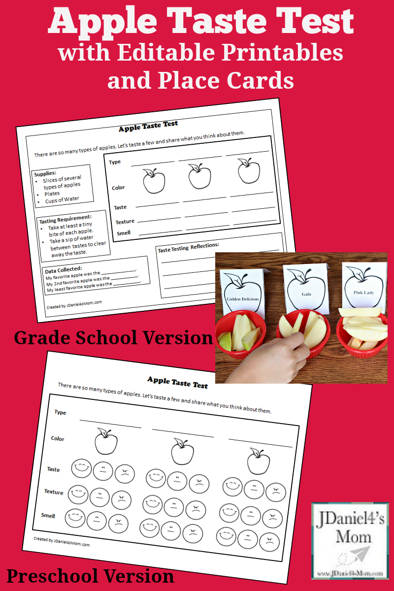 AApple Taste Test with Printables and Editable Place Cards - This set includes editable preschool and grade school versions of the recording sheet. There are also editable place cards that you can use in the STEM science activity to label the varieties of apples.