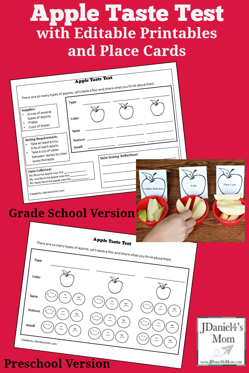 AApple Taste Test with Printables and Editable Place Cards - This set includes editable preschool and grade school versions of the recording sheet. There are also editable place cards that you can use in the STEM science activity <a href=