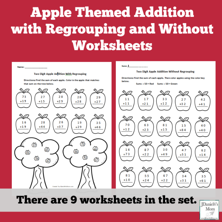 Apple Themed Addition with Regrouping and Without Worksheets