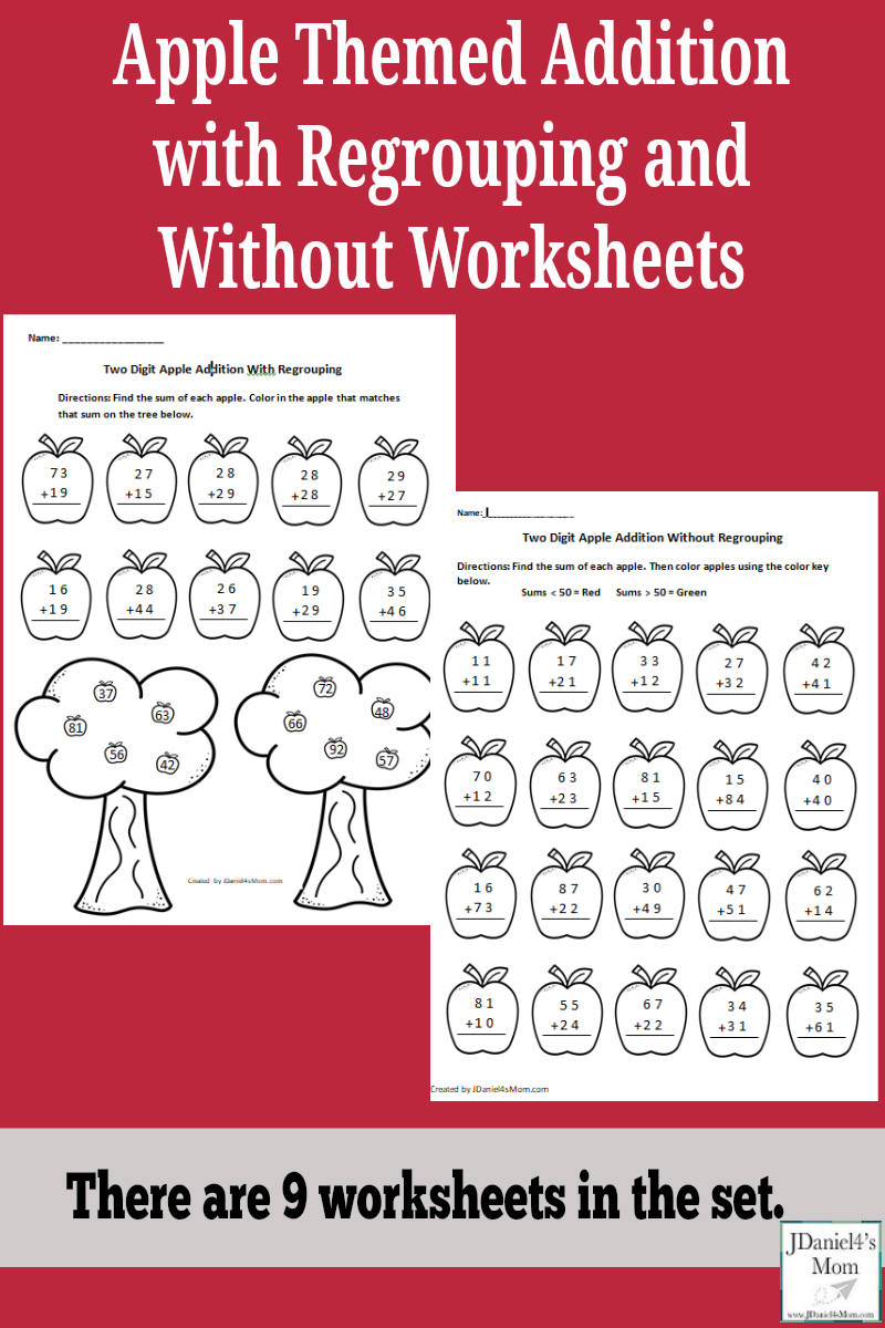 Apple Themed Addition with Regrouping and Without Worksheets- There are nine worksheets in this set. The pages also give students at school or children home the chance to work on even and odd numbers. Greater than and less than is also explored. They would be great to work on as part of an apple unit or a study of Johnny Appleseed..