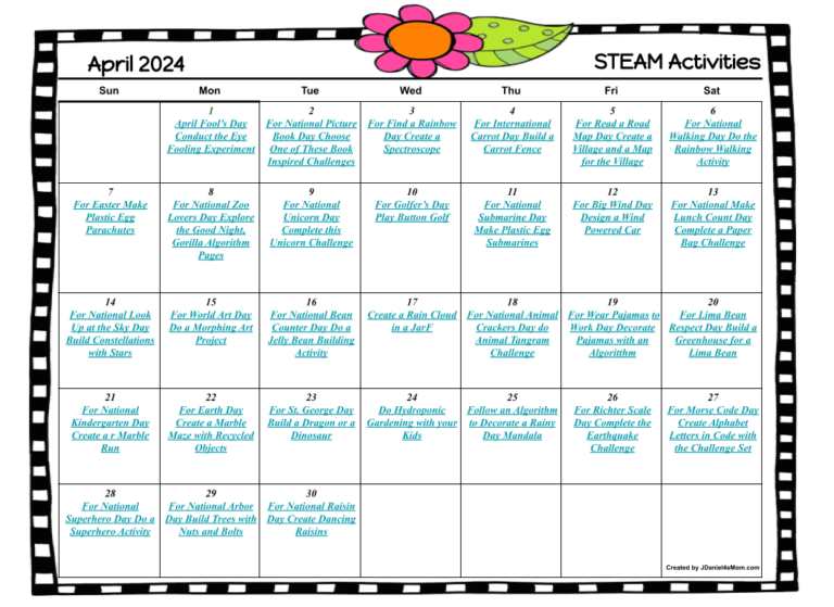 April 2024 STEAM Calendar - JDaniel4s Mom