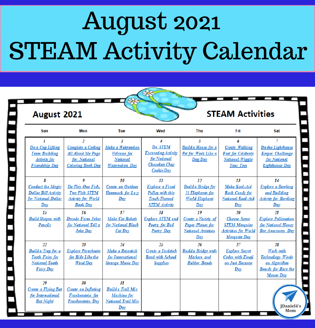 August 2021 STEAM Activity Calendar Filled with August Holidays