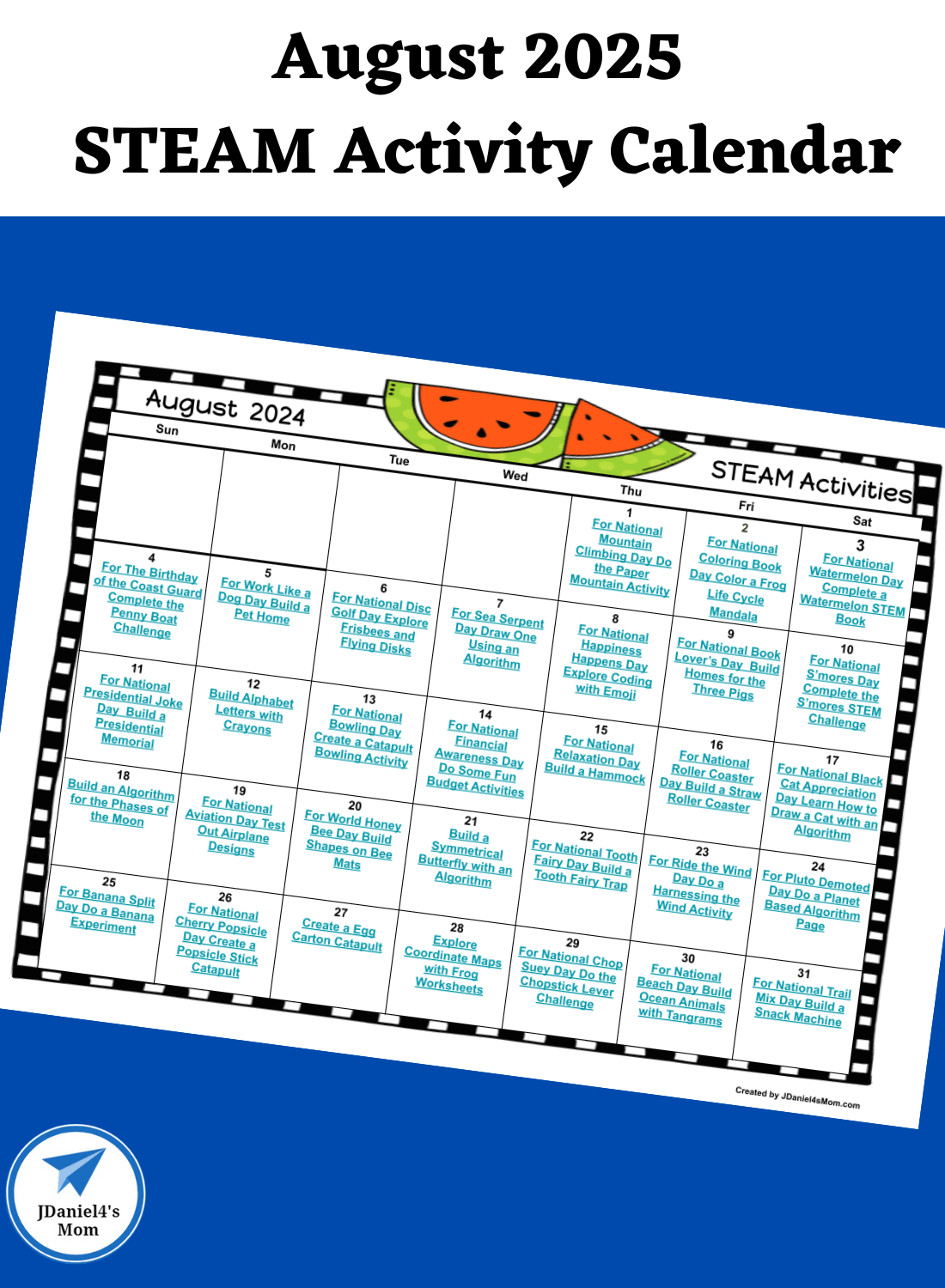 Steam Activity Map August 2025 STEAM Activities Calendar - JDaniel4s Mom