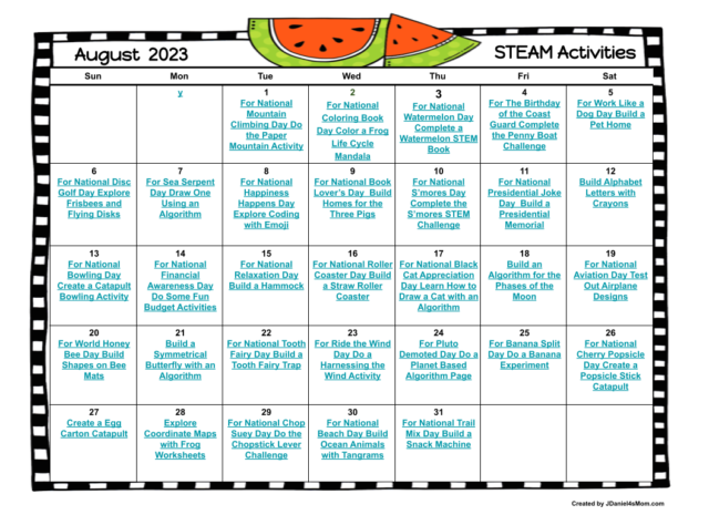 August 2023 STEAM Activity Calendar - JDaniel4s Mom