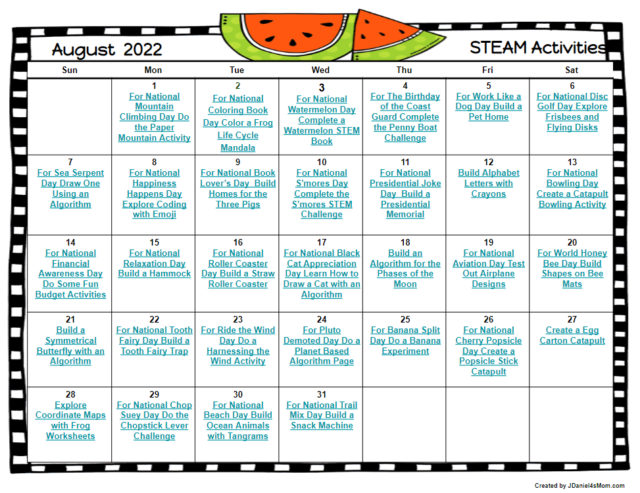 August STEAM 2022 Activities Calendar - JDaniel4s Mom