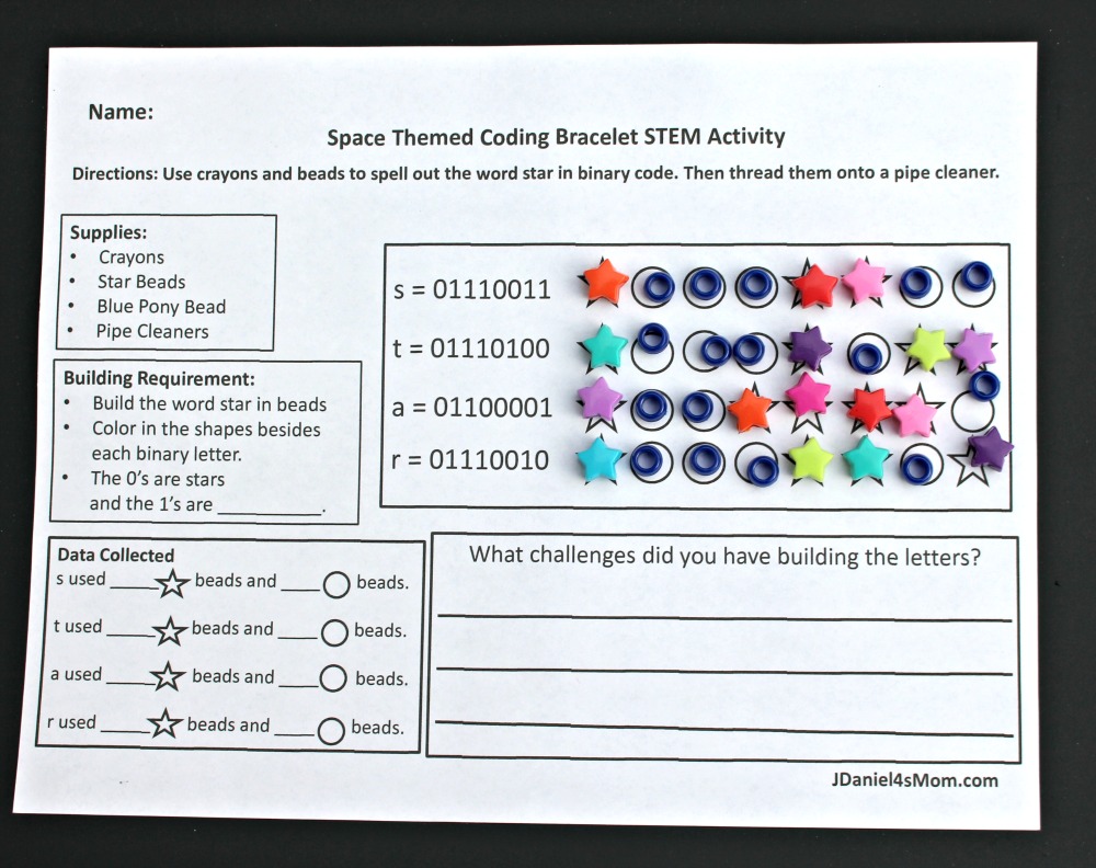 Binary Code Bracelet That is Out of This World STEM Activity -Beads on the free planning and reflection printable.