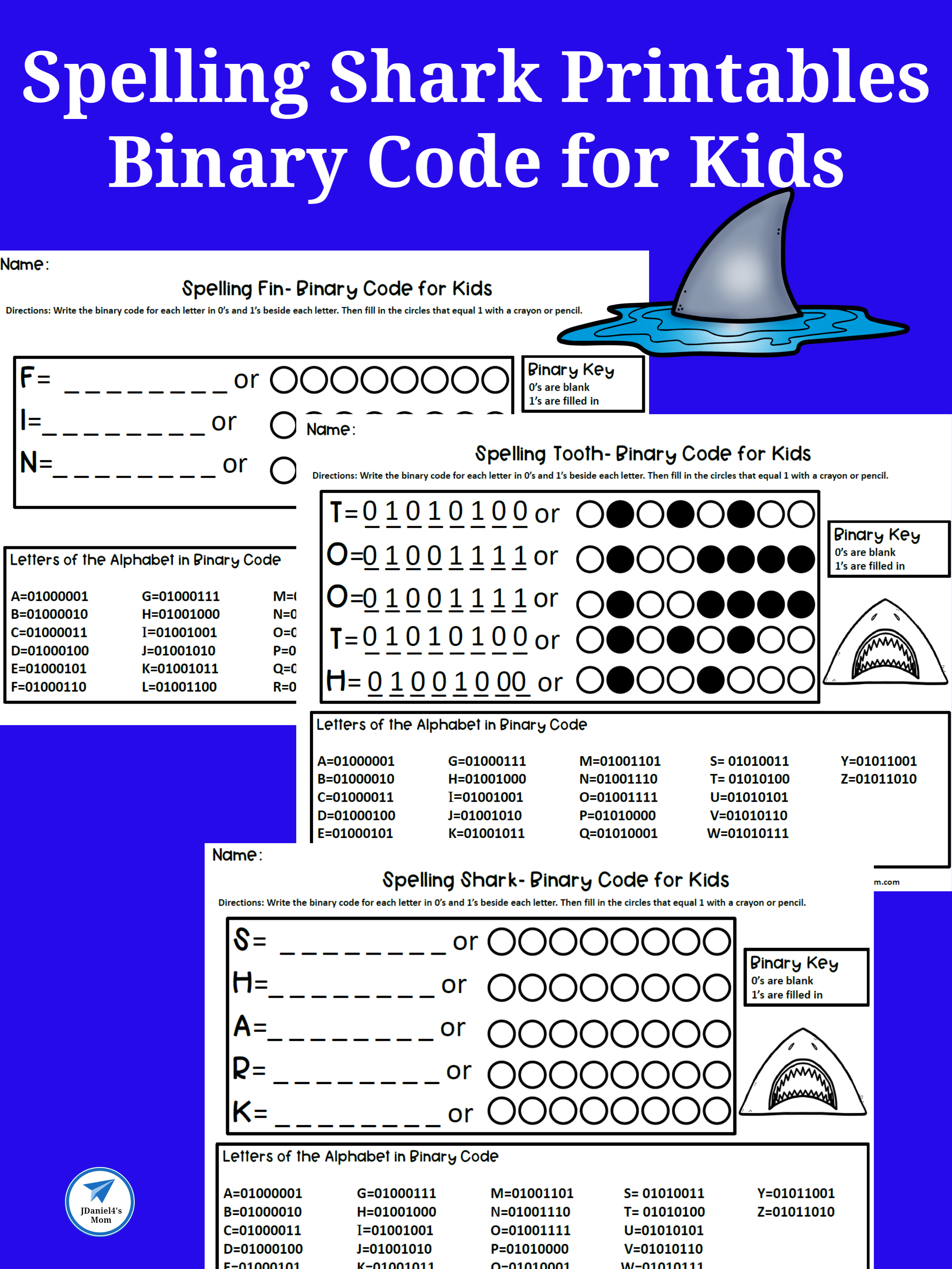 Binary Code for Kids- Spelling Shark Printables 