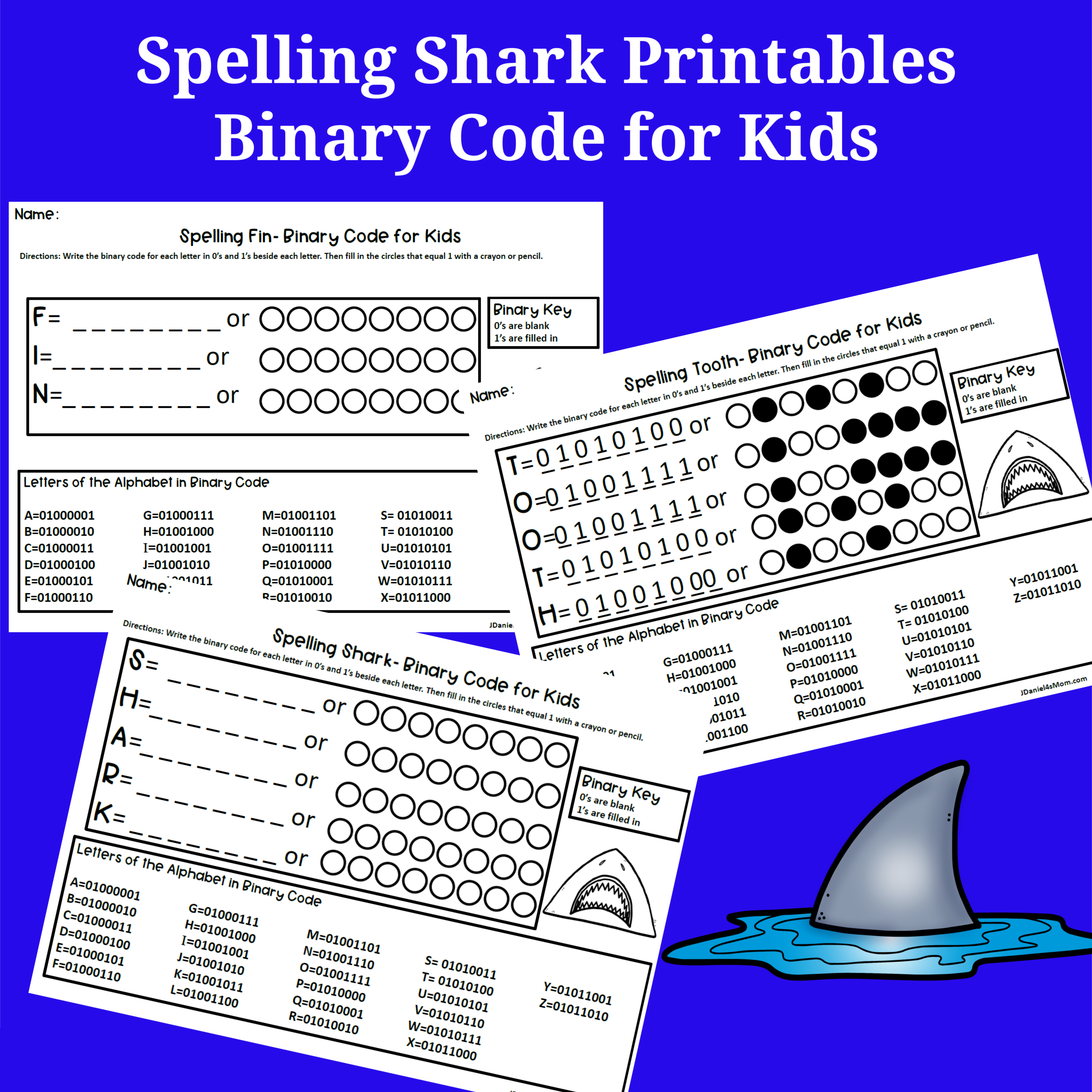 Binary Code for Kids- Spelling Shark Printables Square
