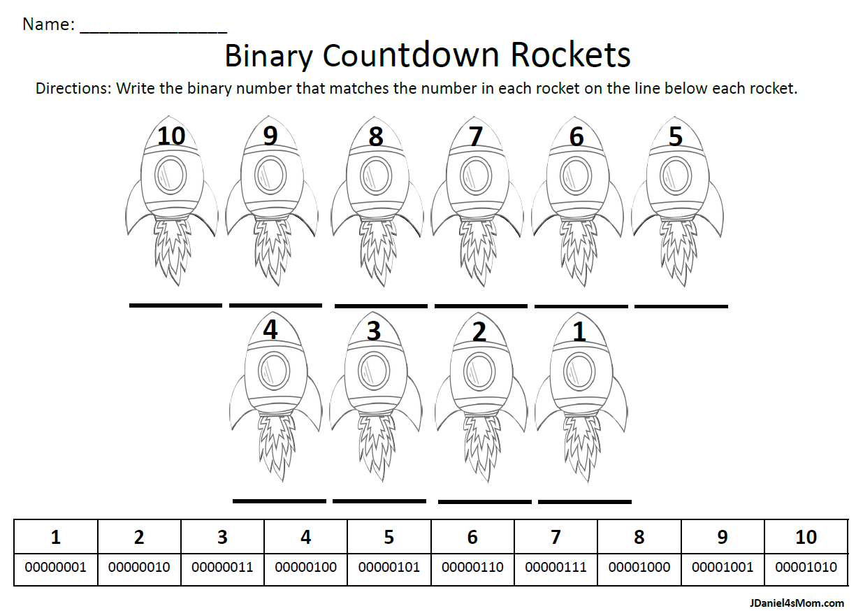 Binary Number Countdown Rockets 10 to 1 Worksheet