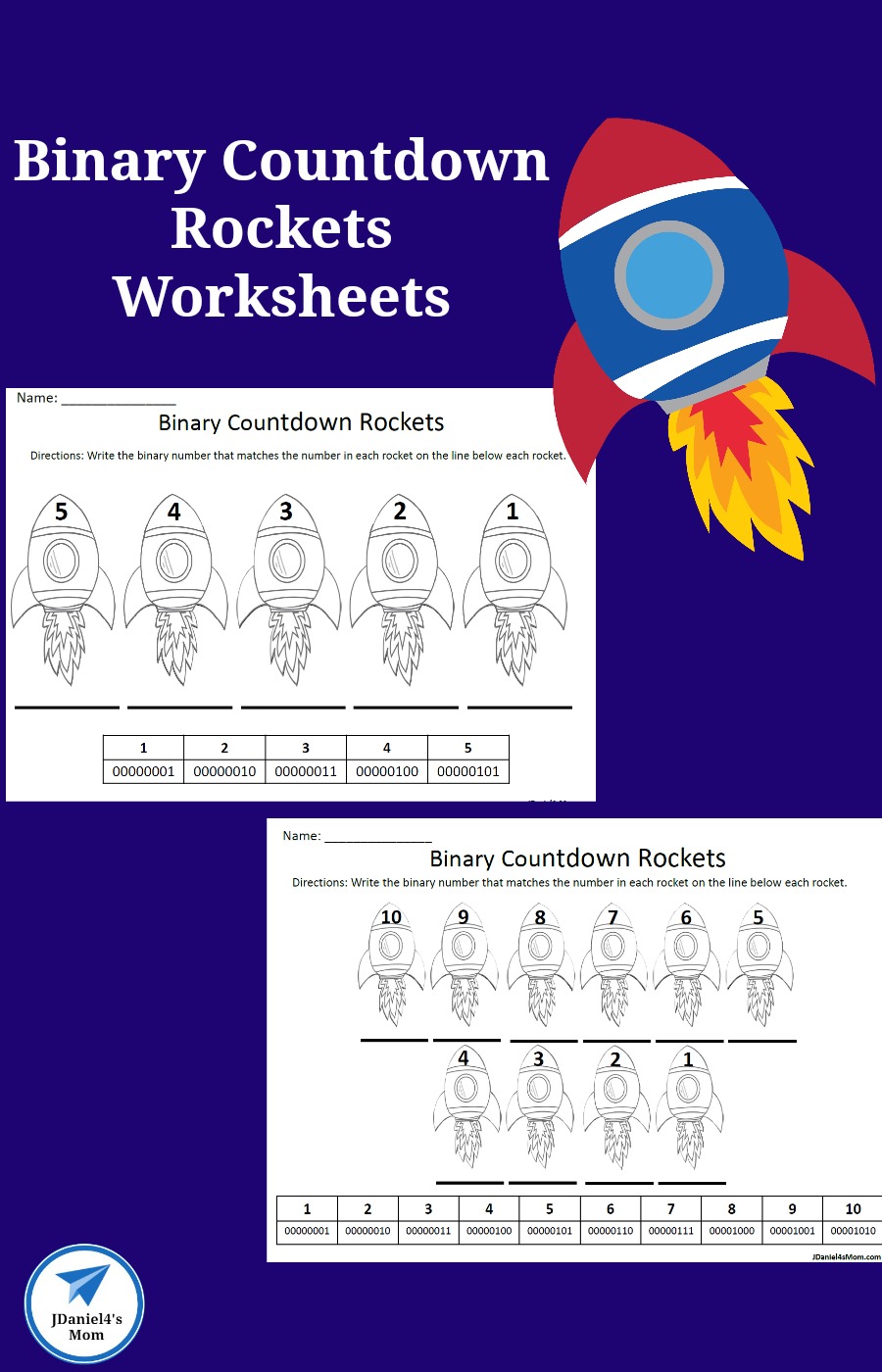 Your children will have fun exploring binary numbers as they complete these countdown rocket worksheets. #freeworksheet #jdaniel4smom #rockets #countingdown #coding #binarycode
