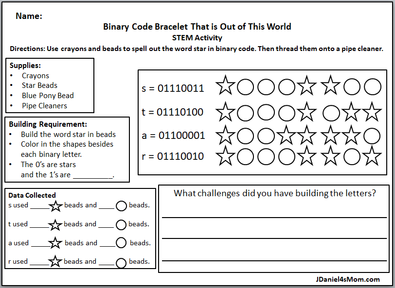 Binary Code Bracelet That is Out of This World - The activity has a printable planning and reflection page. It is a great way to introduce your children to coding and work on fine motor skills. Here is the binary code printable.