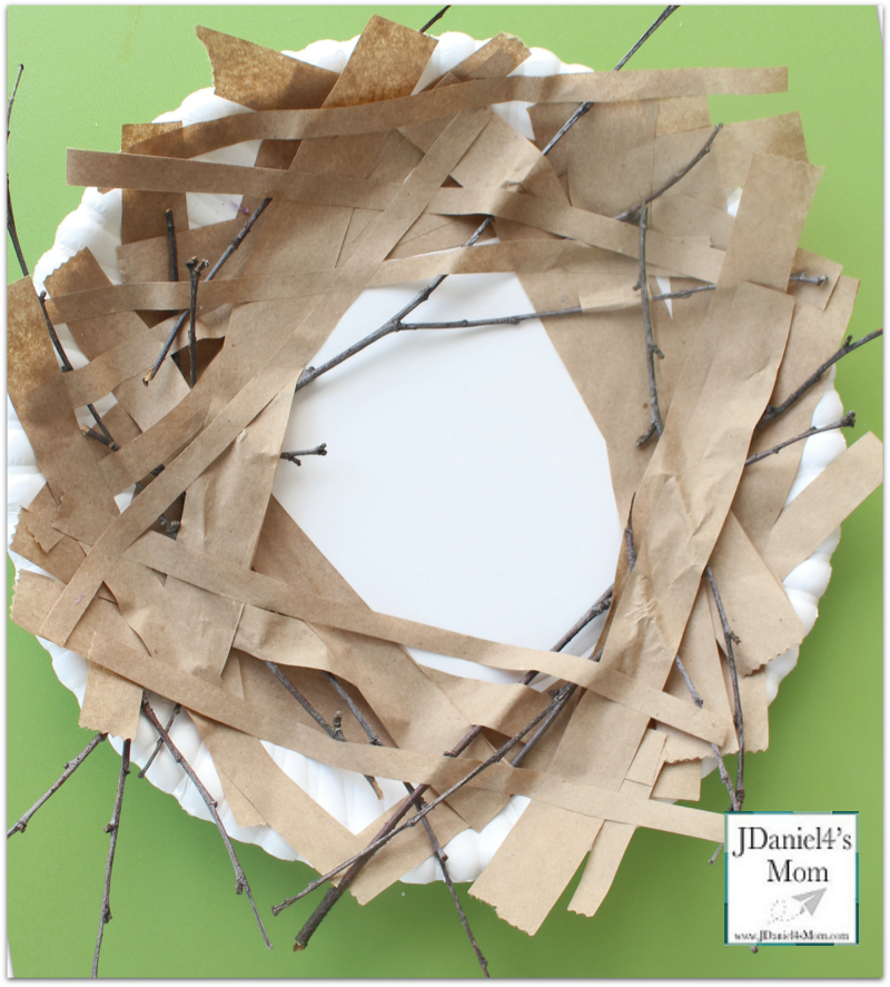 Bird Nest Craft Paper Plate Nest- Adding Sticks and Strips