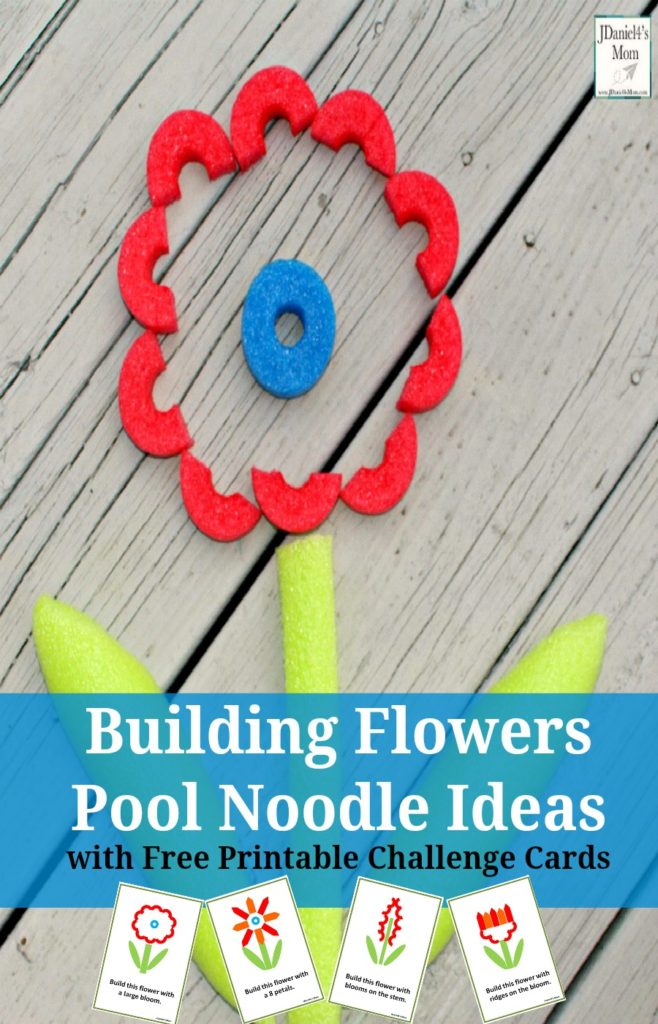 Your children will have them exploring this STEM building activity. It invites your children to build flowers with pool noodles. A free set of printable challenge cards are available to download. #jdaniel4smom #freeprintable #challengecards #challenge #poolnoodle #kindergartenactivity #preschoolactivity #creativeplay
