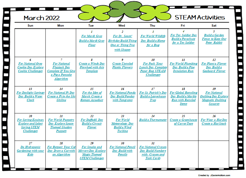March 2022 STEAM Activities Calendar