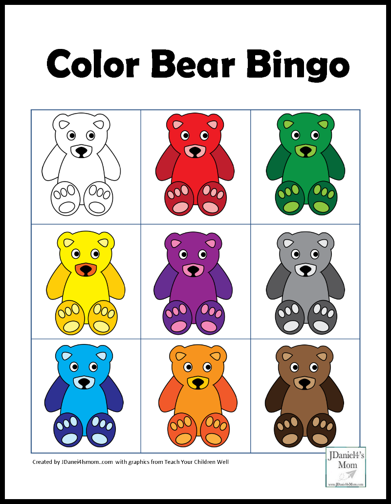 Color Games for Kids with a Bear Theme - Bingo Card