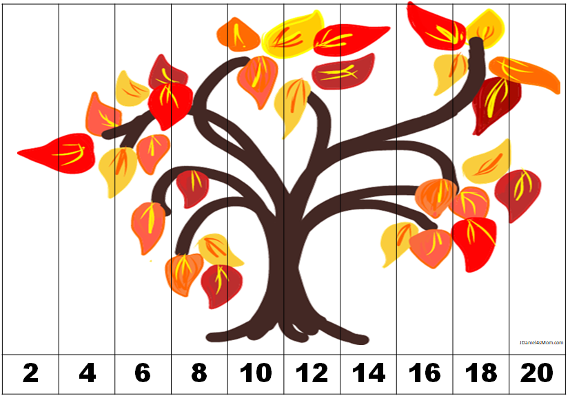 Fall Tree Counting and Skip Counting Puzzles- This puzzle is one of four in the set. It focuses on skip counting by 2.