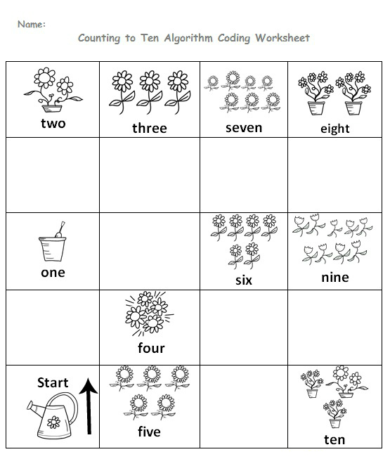 Counting To Ten Algorithm Coding Worksheet For Preschoolers