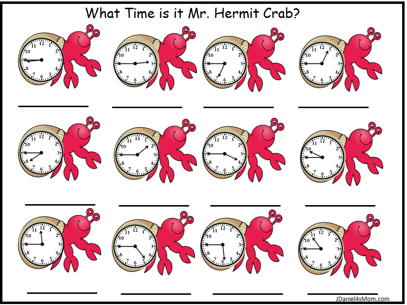 What Time is it Mr. Hermit Crab? Telling Time Worksheets - Crab clocks on the quarter til