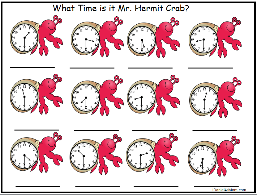 What Time is it Mr. Hermit Crab? Telling Time Worksheets - Crab Clocks on the half hour