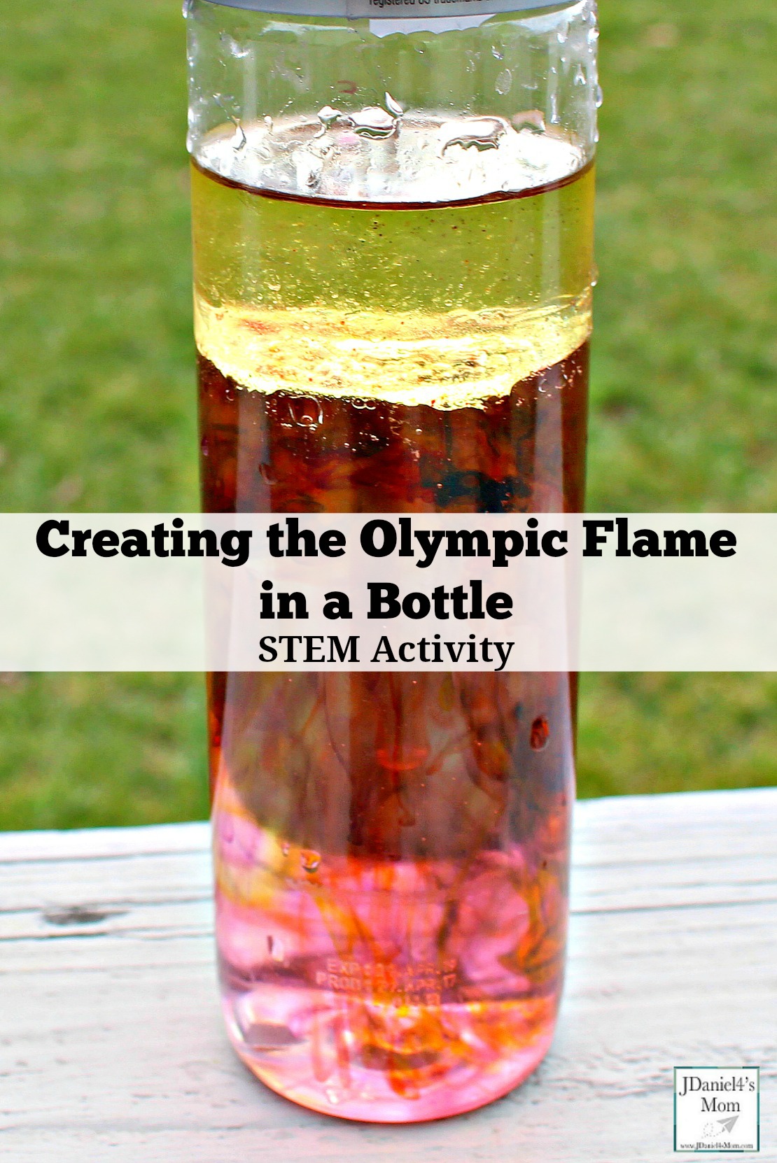 Creating the Olympic Flame in a Bottle STEM Activity - Children at home and students at school will have fun exploring how food coloring separates from oil to cascade into water like the flickers of an Olympic flame. There is a free recording printable your children can use to share why they think this happens and the colors they see in their jars.