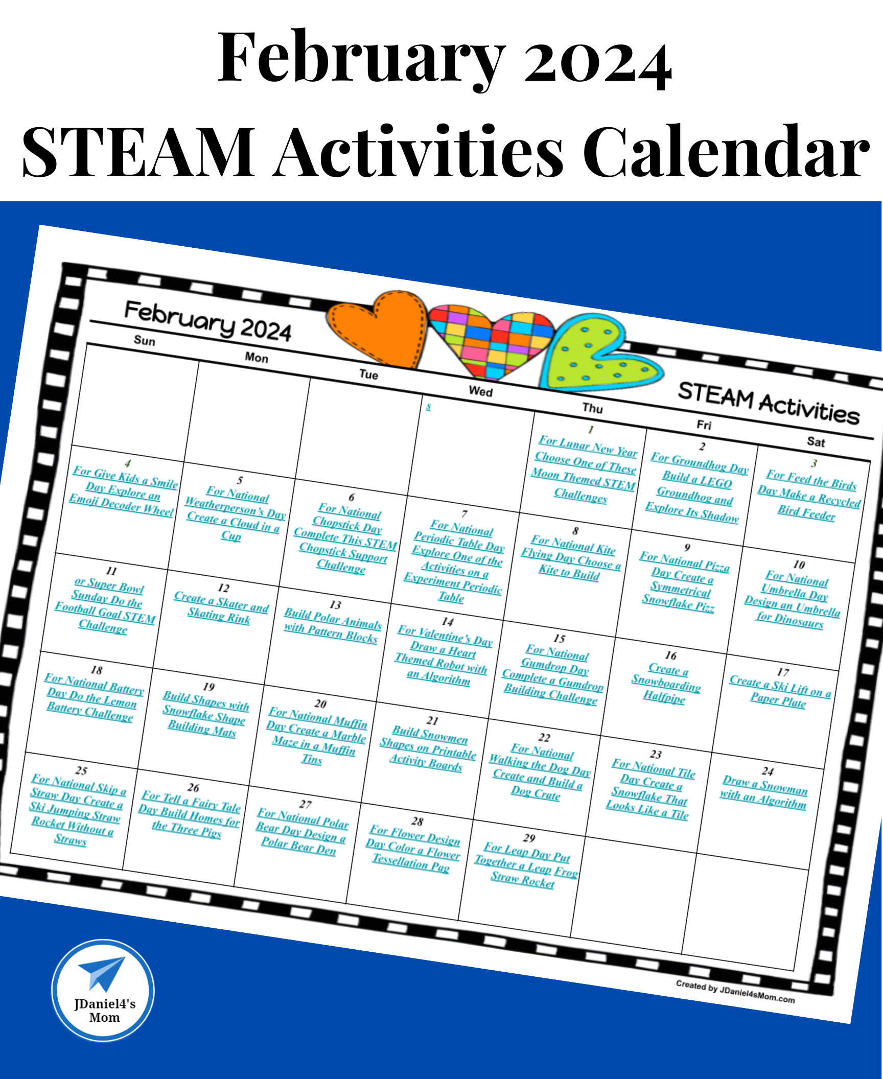 February 2024 STEAM Activities Calendar - JDaniel4s Mom