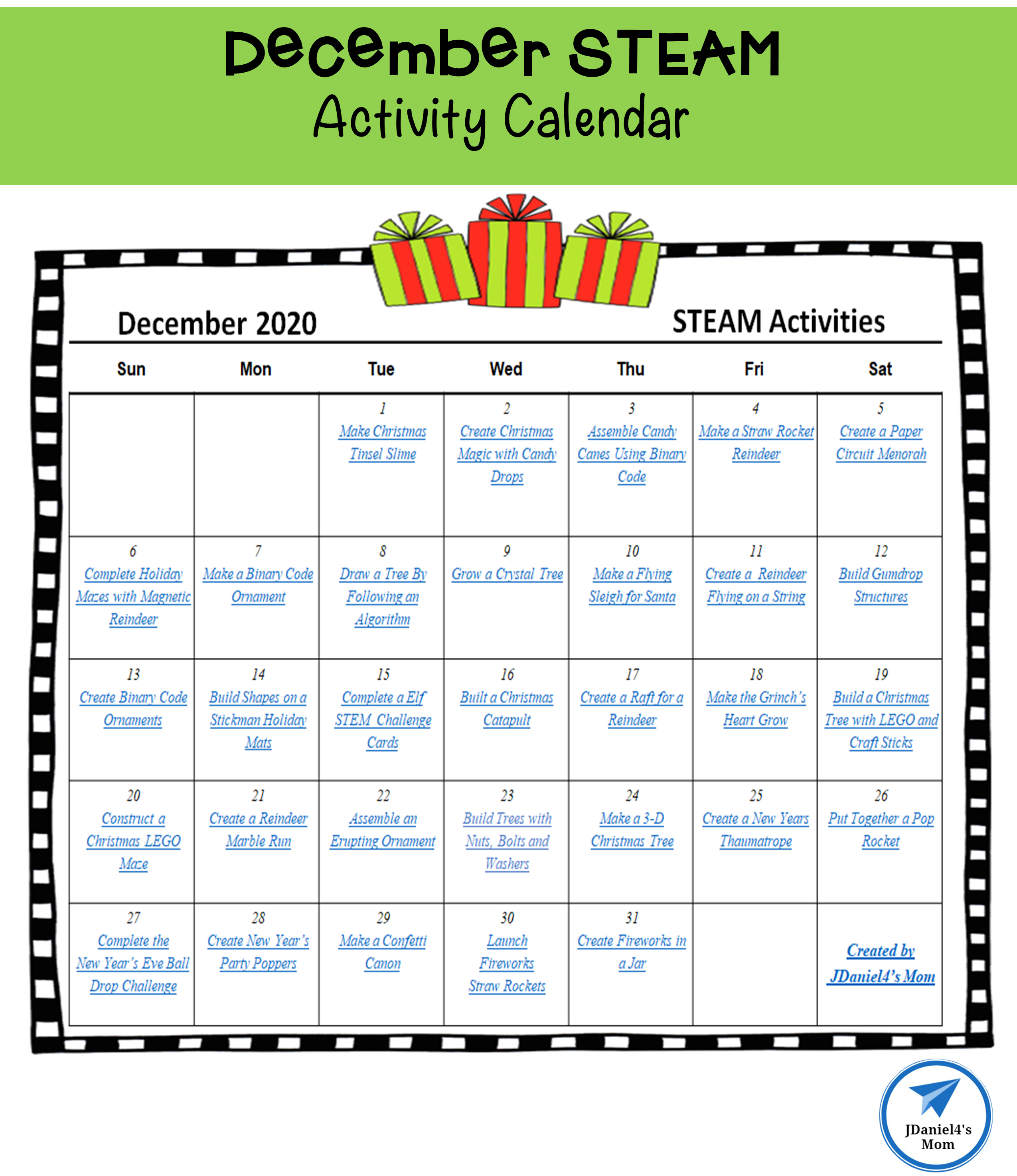 December STEAM Activity Calendar 2020 JDaniel4s Mom
