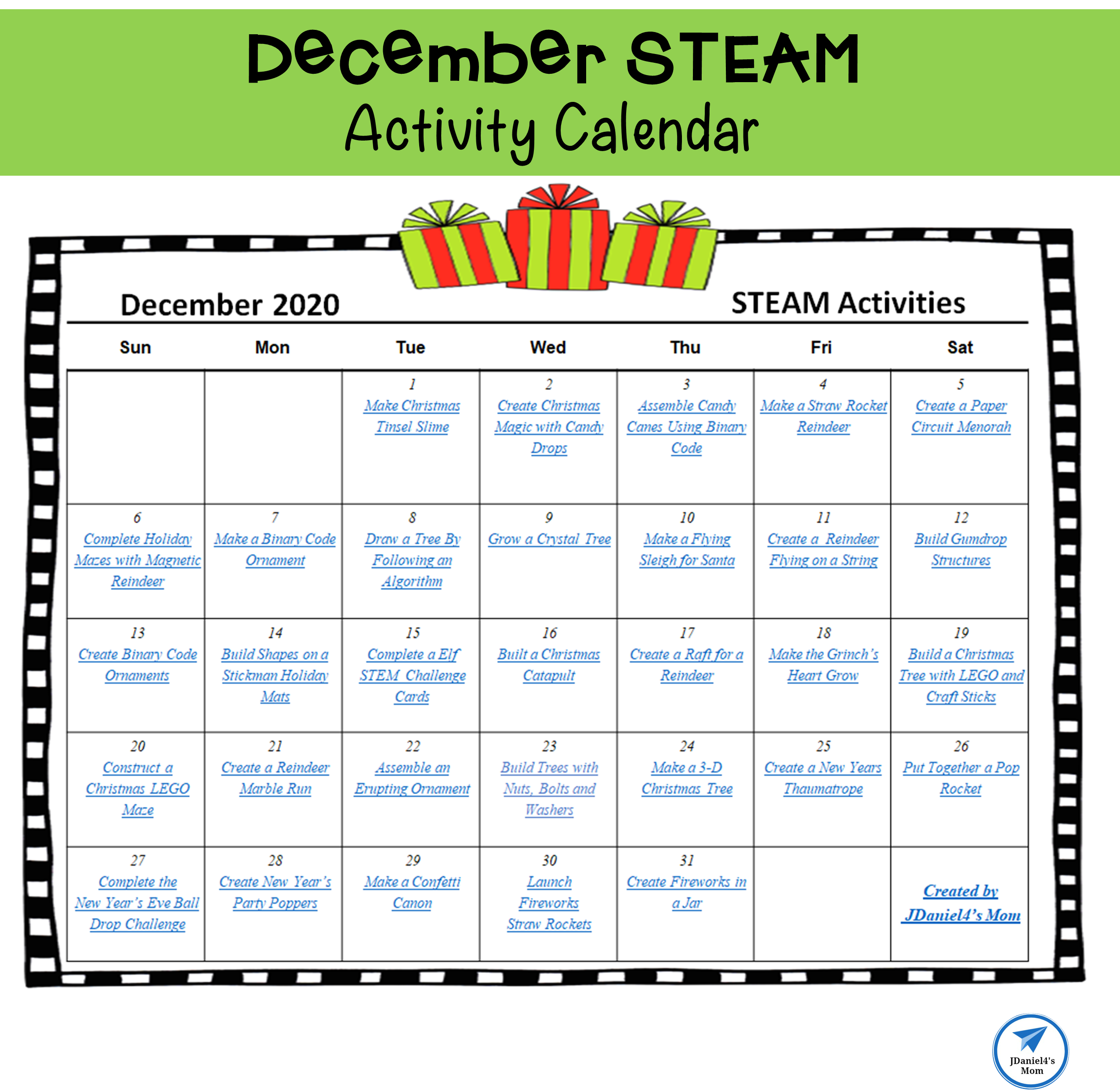 December STEAM Activity Calendar 2020 JDaniel4s Mom