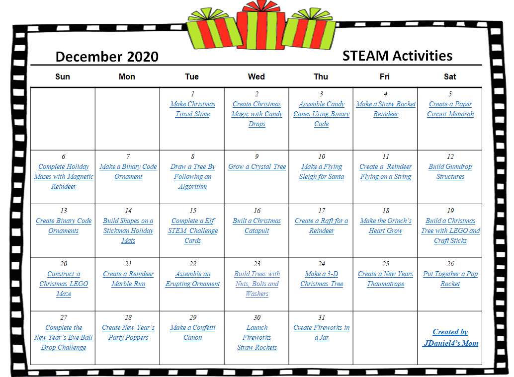 December STEAM Calendar 2020