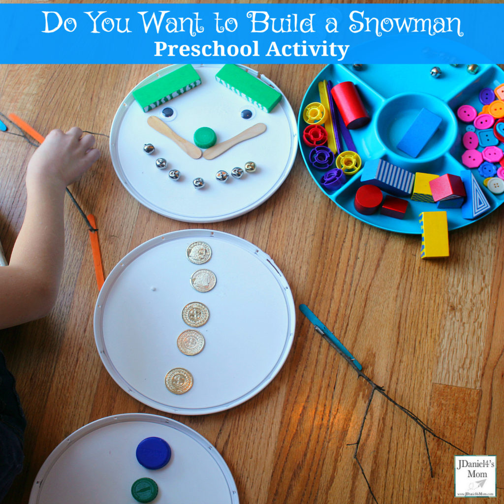 Do You Want to Build a Snowman Preschool Activity- Three paint buckets lids and a bunch of household treasures and craft supplies are all you need for this creative play activity. It does't just have to been for preschoolers.