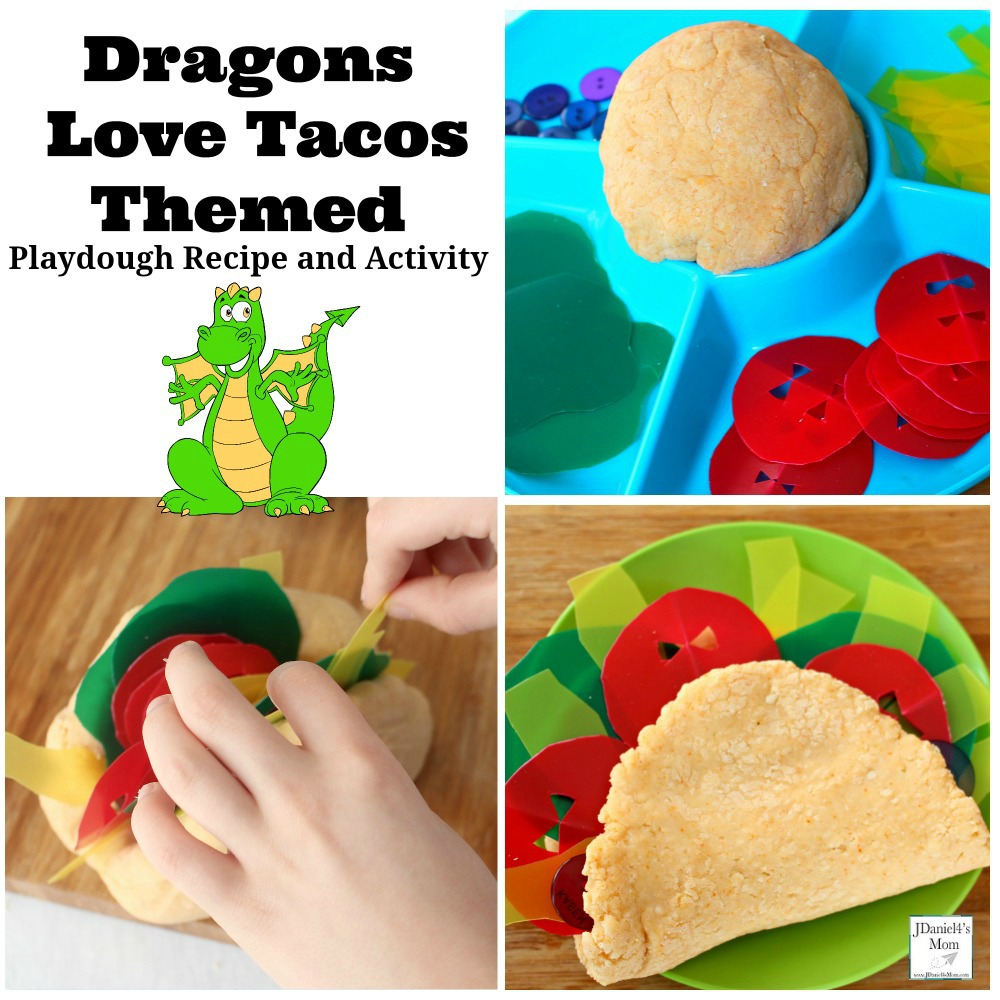 Dragons Love Tacos Themed Playdough Recipe and Activity - Children at home and students at school will have fun building dinosaurs sized tacos with taco scented playdough. This playdough recipe is so easy to make.