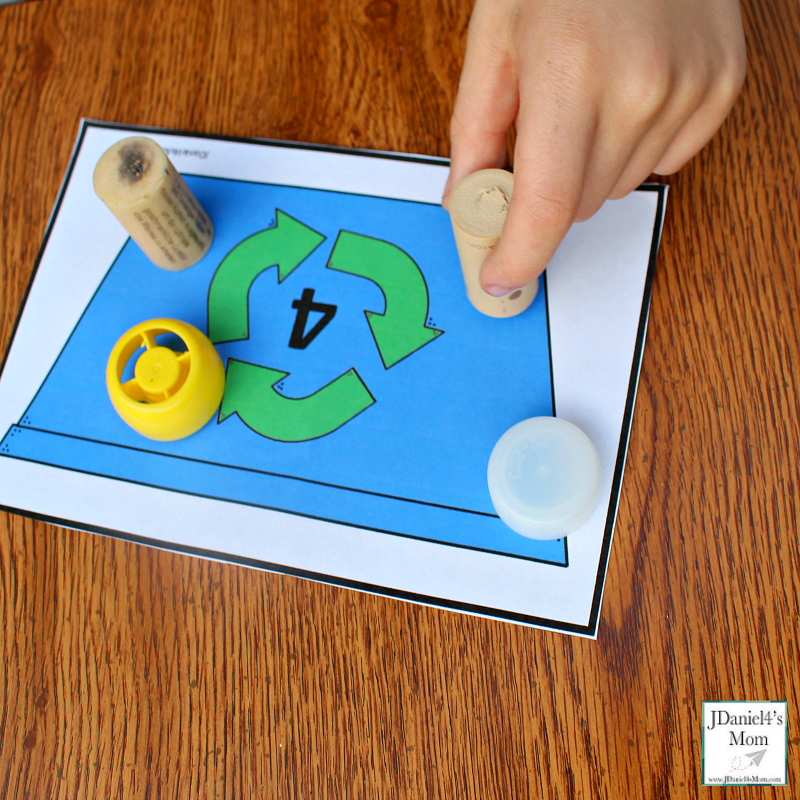 Earth Day Math Activities - Recycling Bin Counting with Printables- Exploring Four