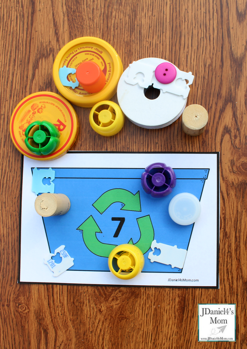 Earth Day Math Activities - Recycling Bin Counting with Printables- Seven Mat and Counting Supplies