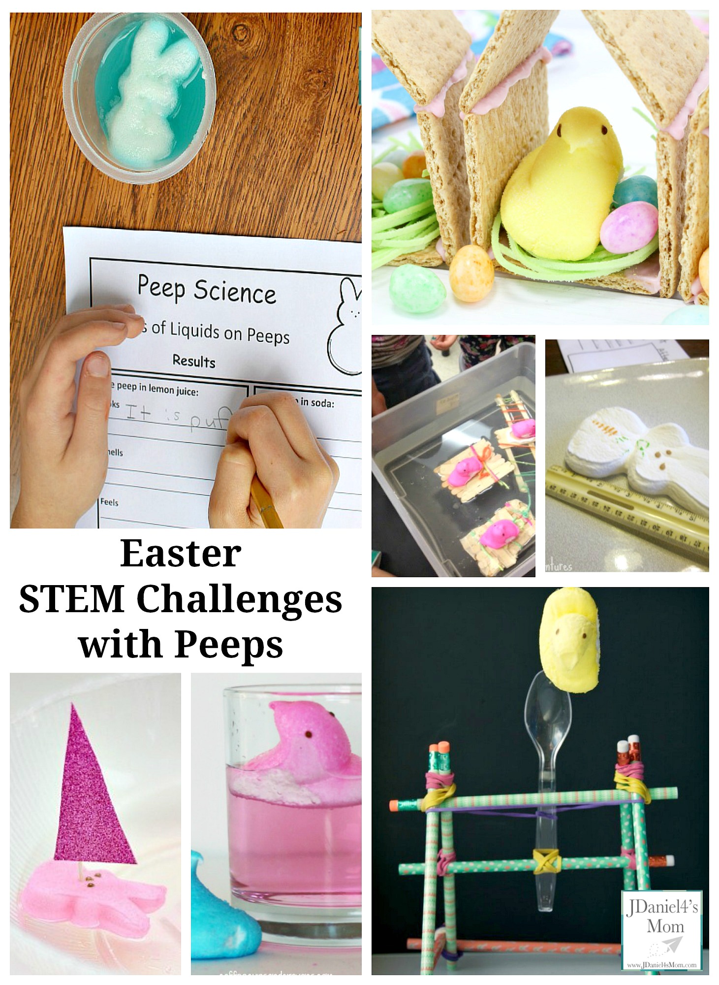 Your children at home and students at school will have fun exploring these Easter STEM challenges. Each challenge features Peeps!  #sinkorfloat #scienceexperiment #Peeps #STEM #buildingactivity #density #dissolving #jdaniel4smom #EasterChallenges