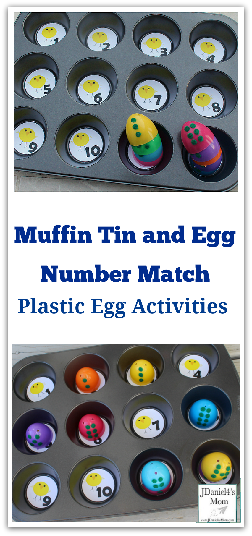 Easter Egg Game - Muffin Tin and Egg Number Match : This activity includes a free printable set of muffin tin numbers with a chick theme.