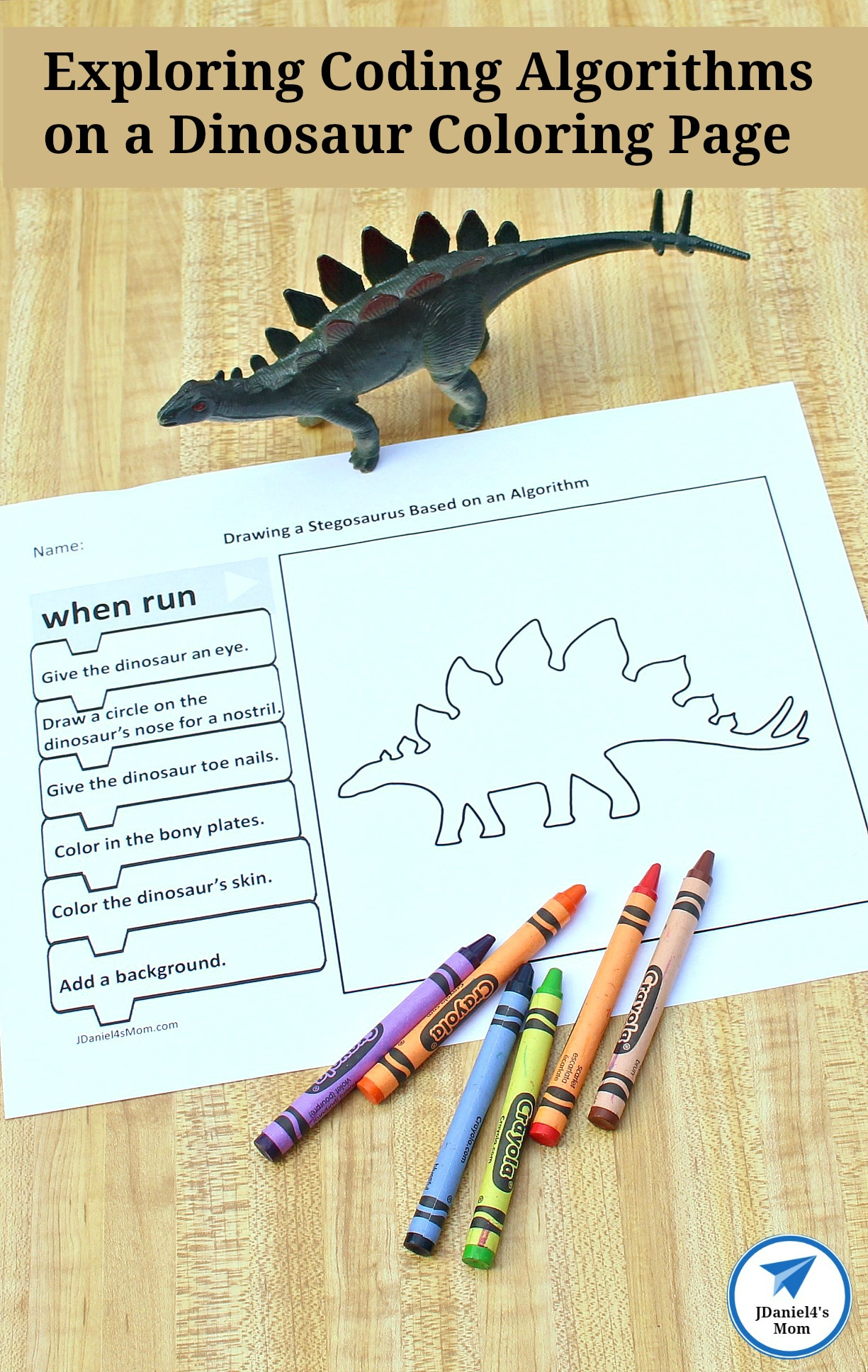 Your children at home or students at school will have fun exploring this set of dinosaur coloring pages. Each dinosaur coloring page has an algorithm your children will need to follow as they color their dinosaur. #dinosauractivity #dinosaurcoloringpage #jdaniel4smom #coding #algorithms