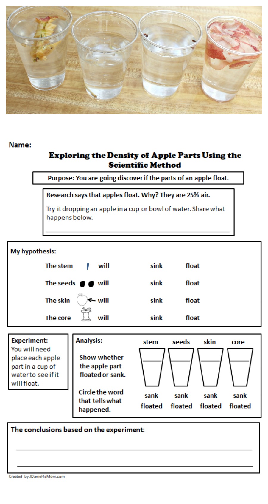 Your children at home and students at school will have fun using the scientific method to discover which parts of an apple float and which parts sink.  A free recording worksheet is available on the post.