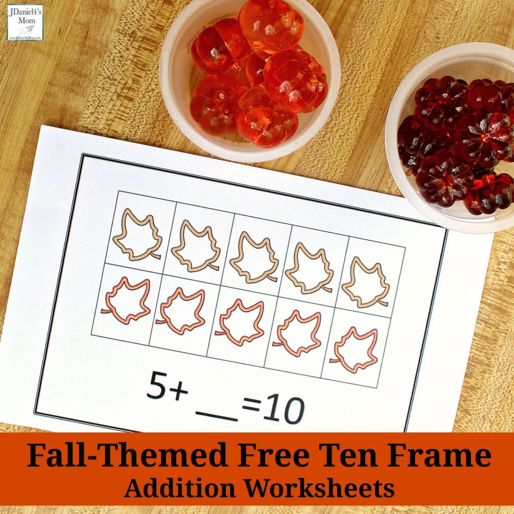 Fall-Themed Free Ten Frame Addition Worksheets - This set of ten frame worksheets focuses on adding to ten.