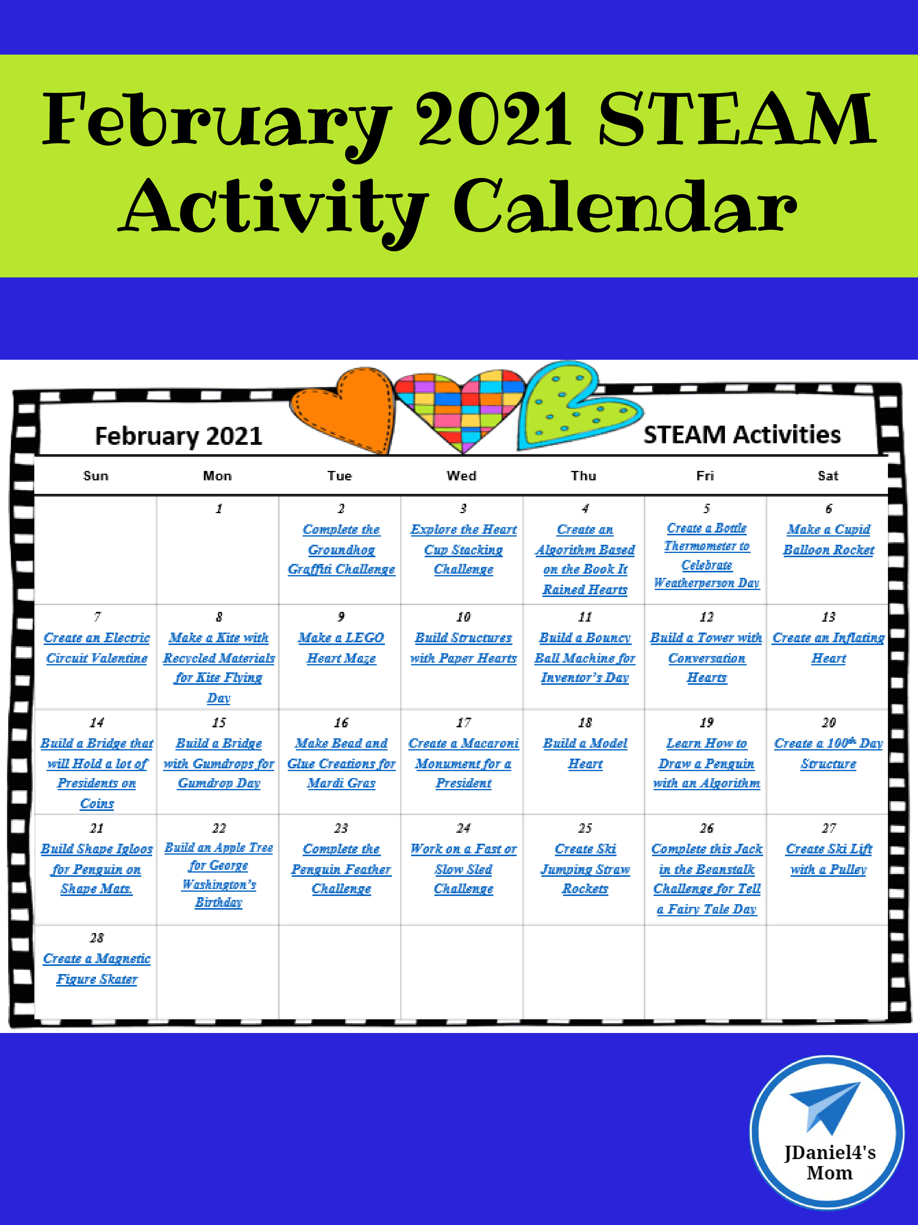February 2021 STEAM Activity Calendar 