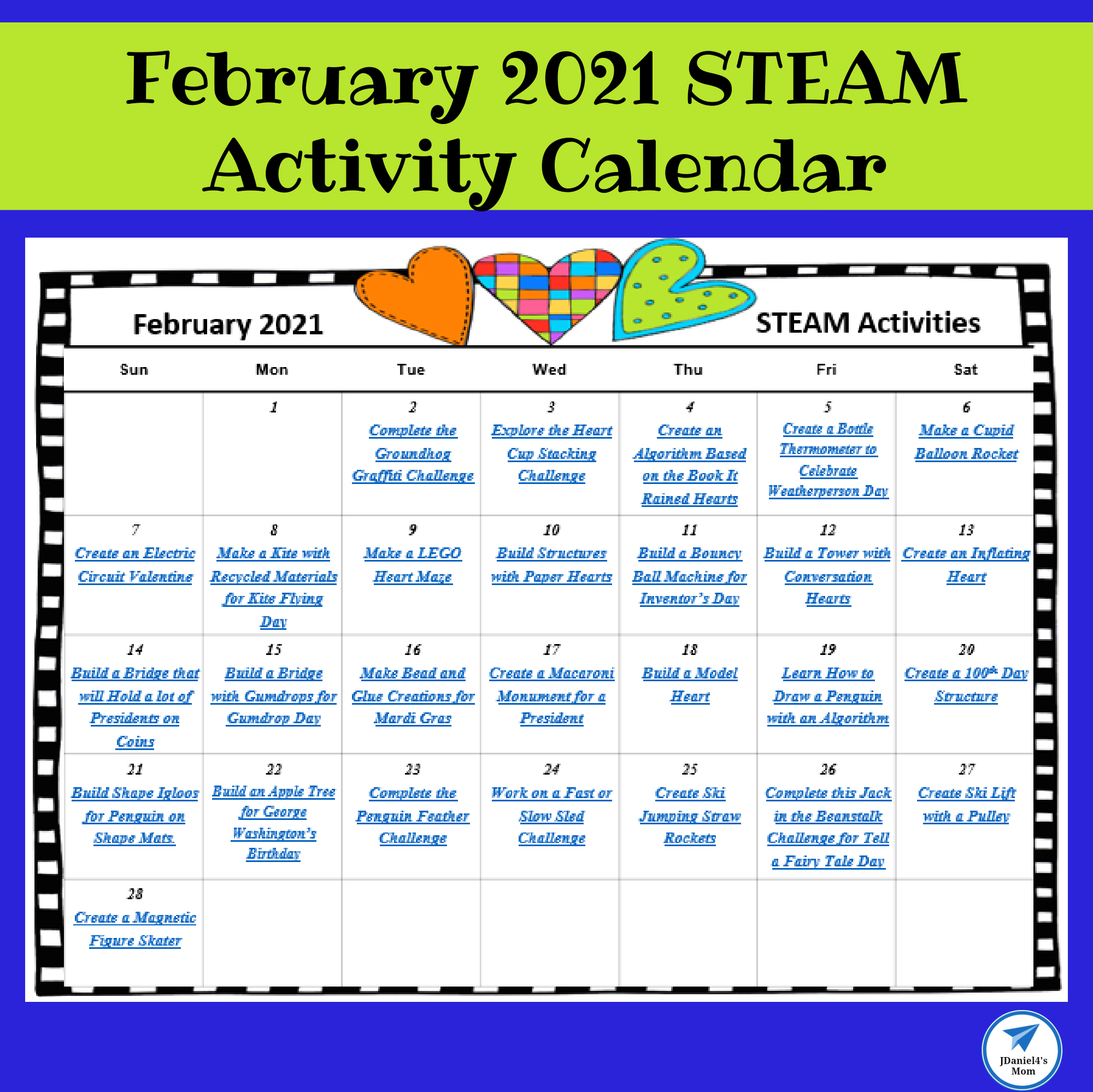 February STEAM Activity Calendar 2021 JDaniel4s Mom