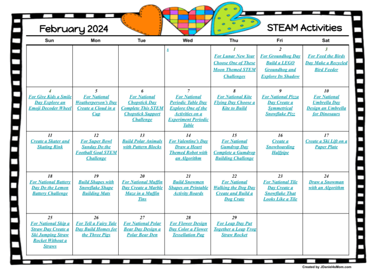 February 2024 STEAM Activities Calendar - JDaniel4s Mom