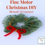 Fine Motor Christmas DIY Wreath Ornament- Kids can easily thread a pipecleaner through burlap to create this Christmas Ornament.