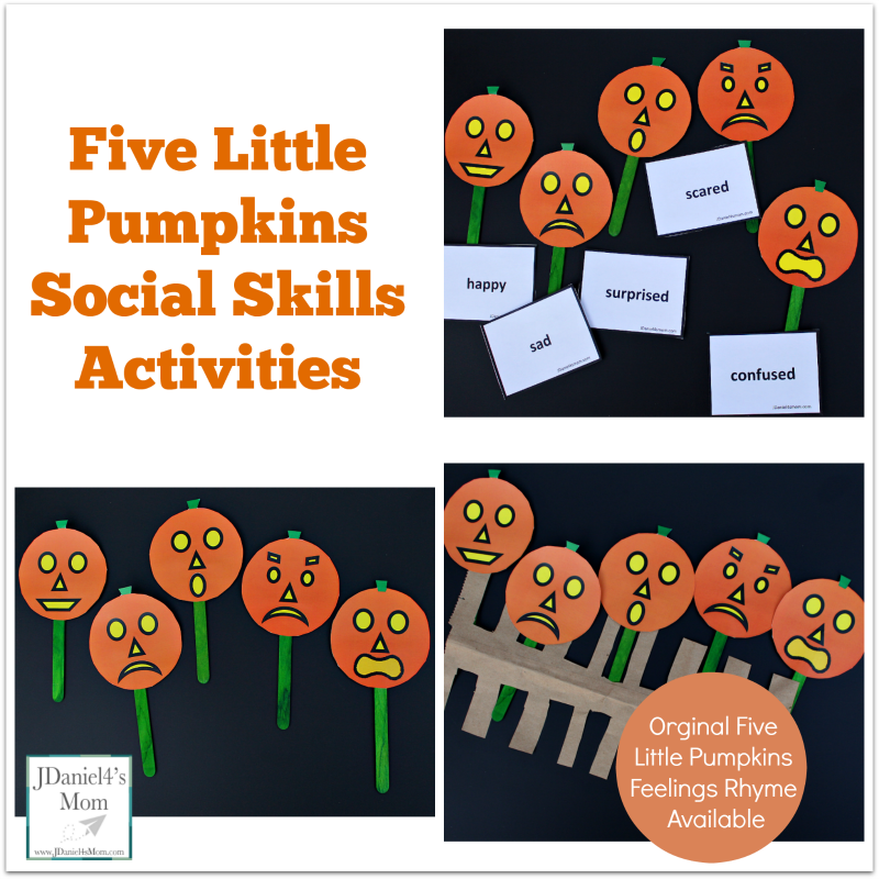 Five Little Pumpkins Social Skills Activities- A set of pumpkins and emotion cards are free to download. An original rhyme about five little pumpkins and feeling is shared in this post.