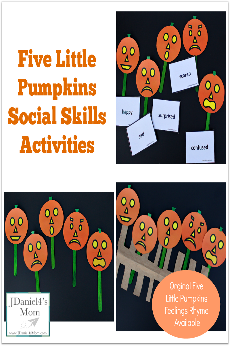 Five Little Pumpkins Social Skills Activities- A set of pumpkins and emotion cards are free to download. An original rhyme about five little pumpkins and feeling is shared in this post. This picture share feeling pumpkins as puppets on a fence.